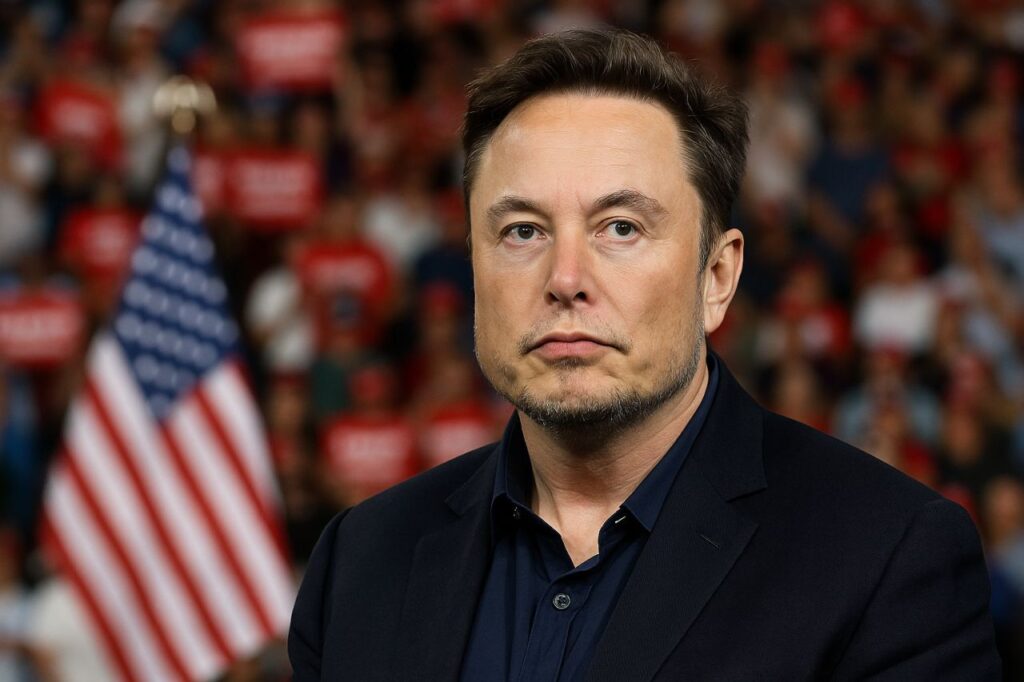 Primo piano di Elon Musk con la bandiera degli Usa alla sua destra