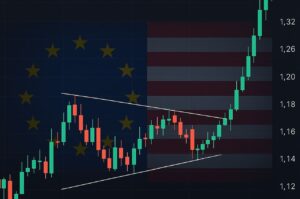 Un grafico a candele in primo piano. Sullo sfondo una bandiera che è composta in parte da quella dell'UE e in parte da quella degli Stati Uniti
