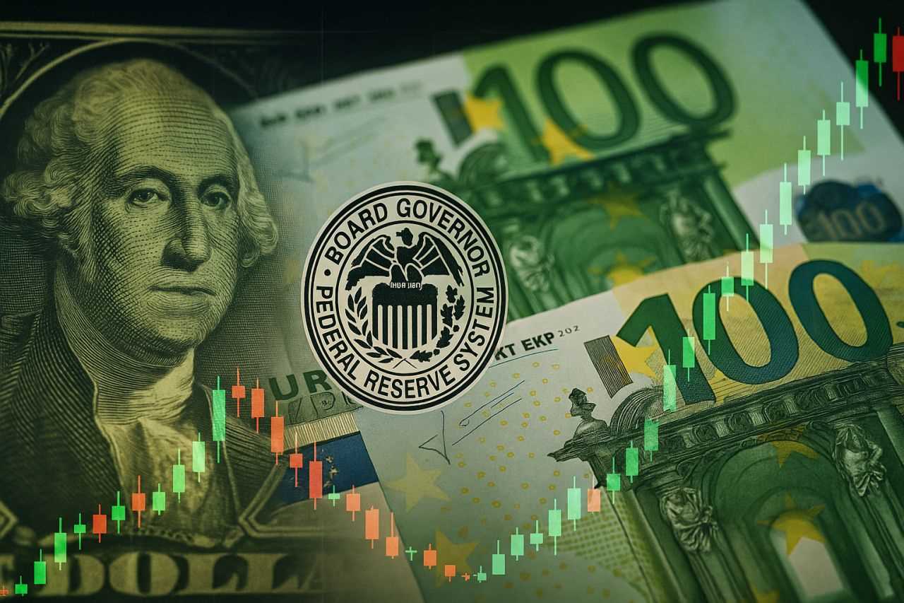 L'emblema della Fed al centro con delle banconote da 100 euro sullo sfondo e un grafico a candele in trasparenza