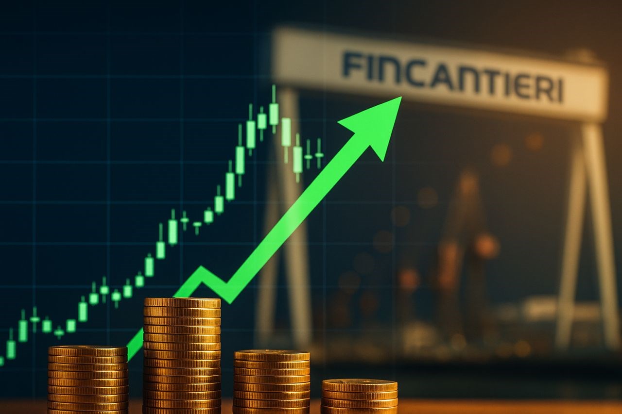Alcune monetine impilate con un grafico e una freccia verde sullo sfondo insieme alla scritta Fincantieri