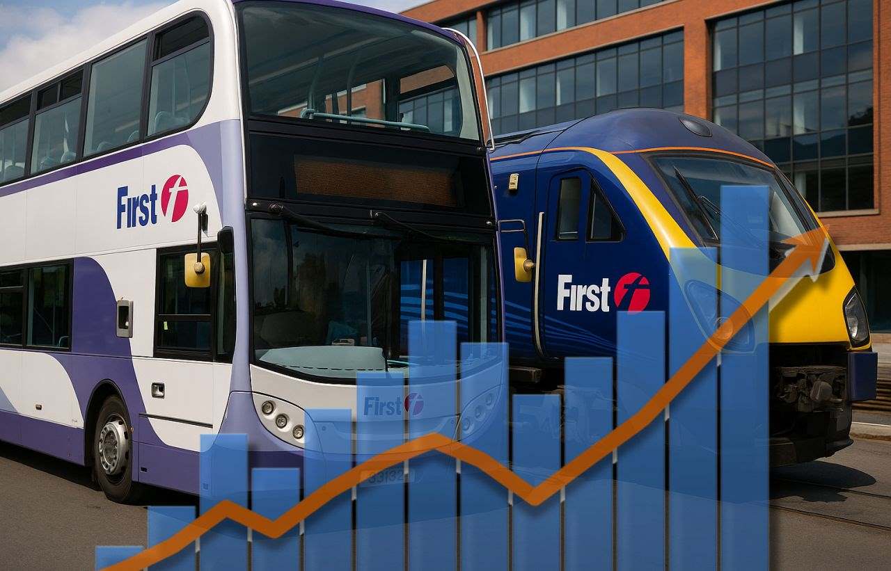Due bus con il brand FirstGroup impresso sulla fiancata parcheggiati davanti a un edificio. In sovrimpressioine un grafico a colonne con una freccia