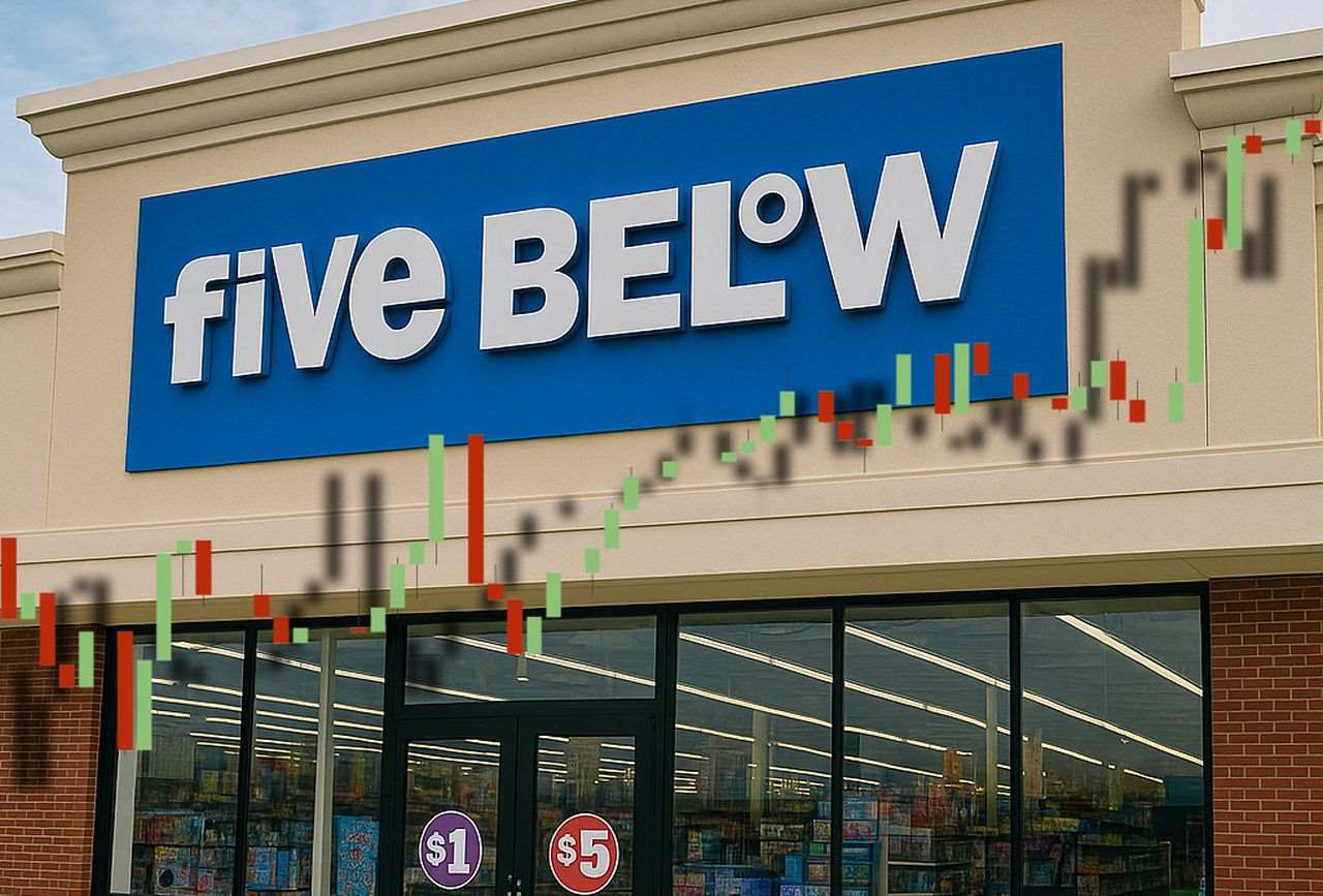 Un edificio con l'insegna Five Below e in sovrimpressione un grafico a candele