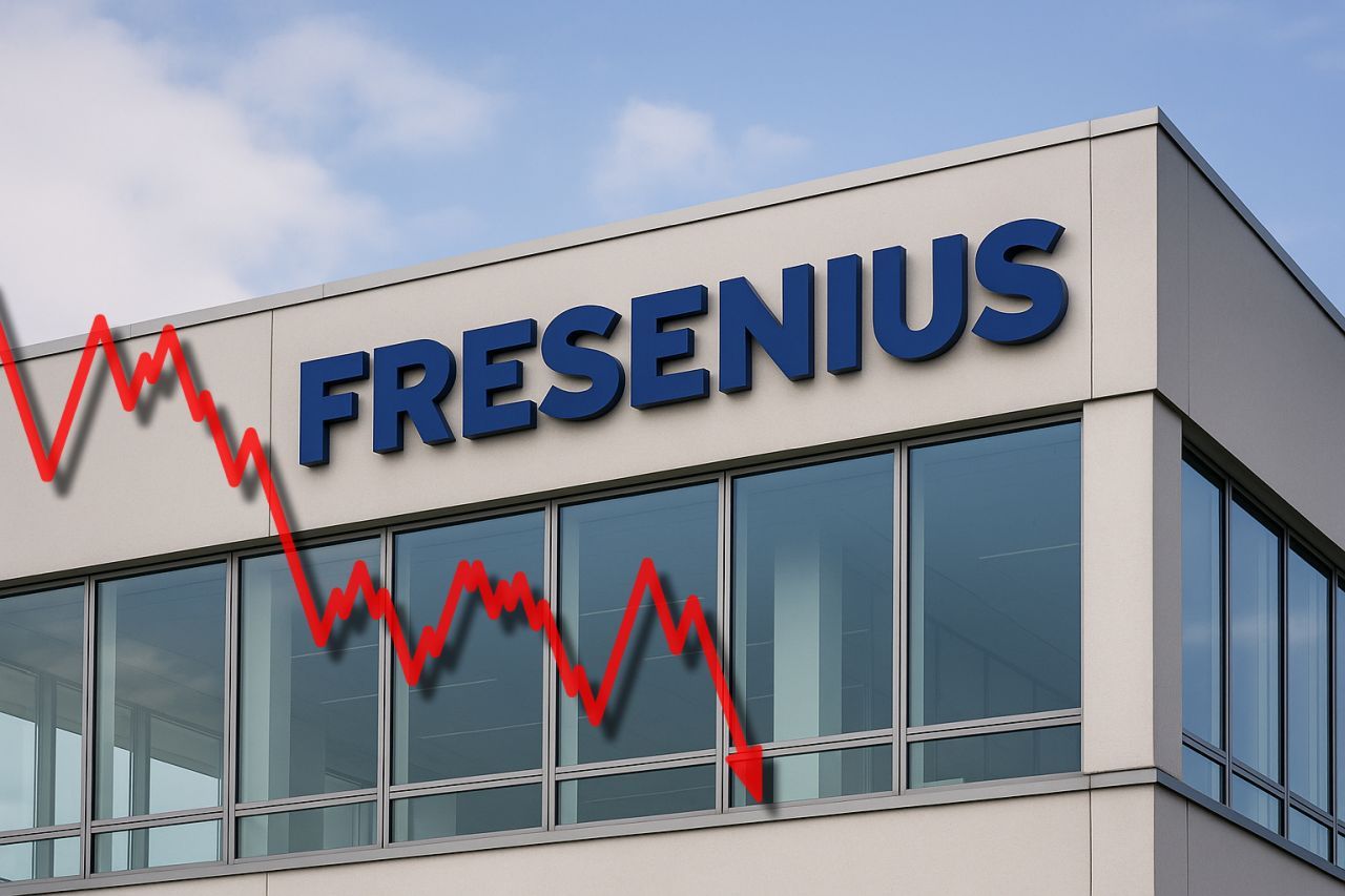 Un edificio con la scritta Fresenius in cima. In sovrimpressione una linea a zig-zag che termina con una freccia verso il basso