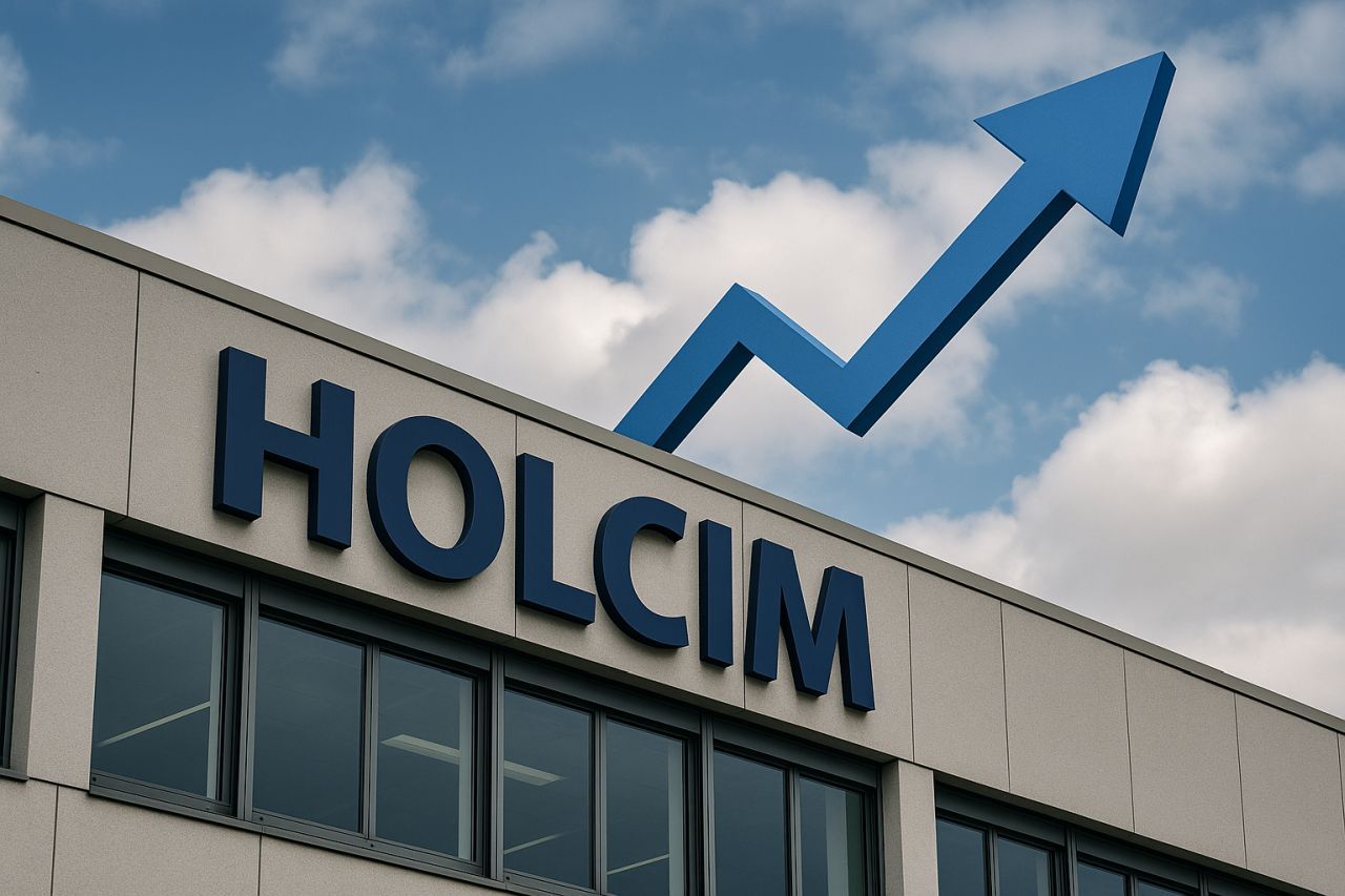 Un edificio con la scritta Holcim e una freccia blu verso l'alto che si staglia nel cielo alle sue spalle