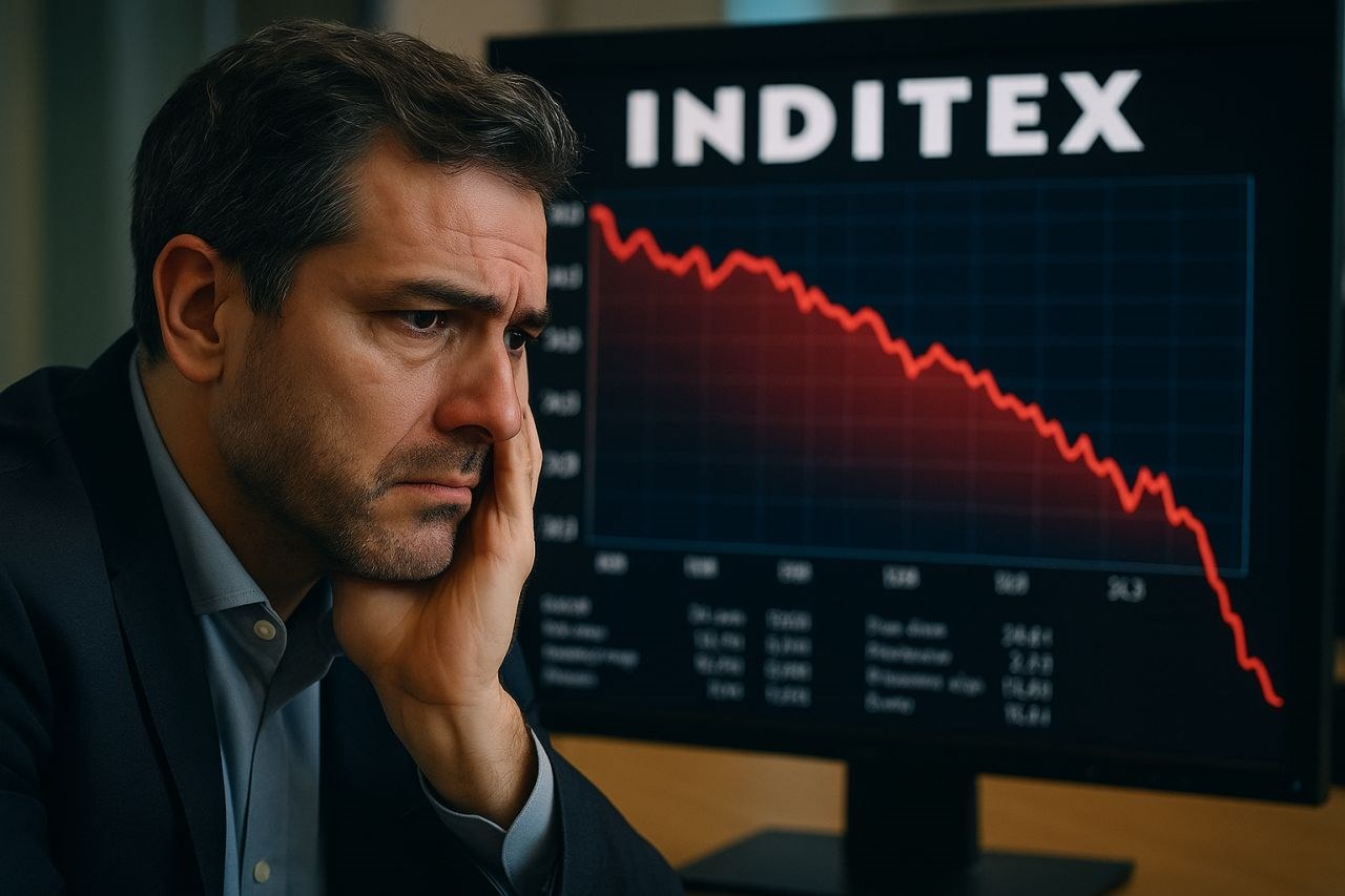 Primo piano di un trader con l'aria preoccupata e un grafico in discesa con la scritta Inditex sullo sfondo