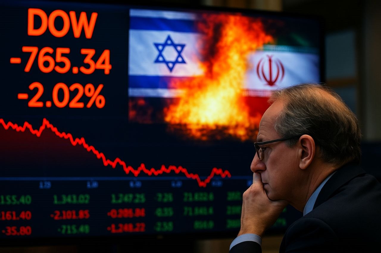 Un trader che osserva dei grafici finanziari e le bandiere di Israele e Iran sullo sfondo