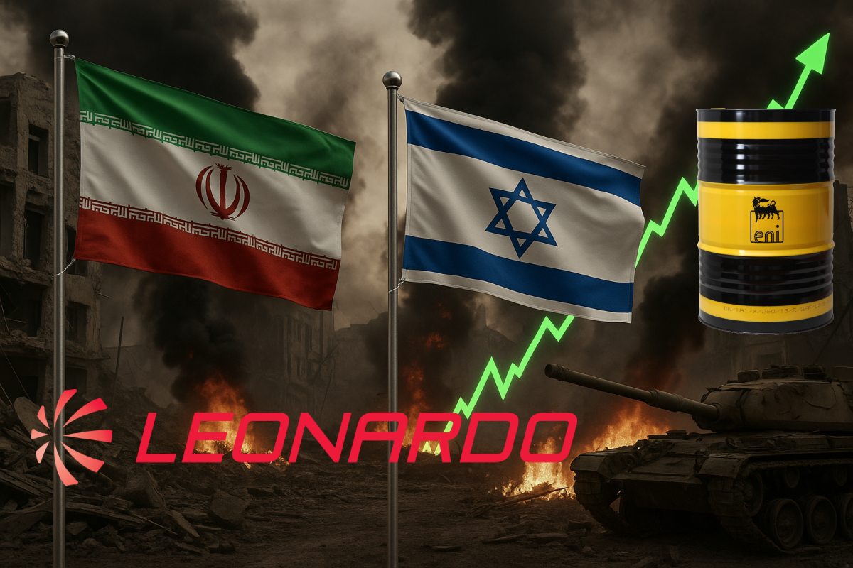 scene di guerra con bandiera Israele e Iran e logo di Eni e Leonardo