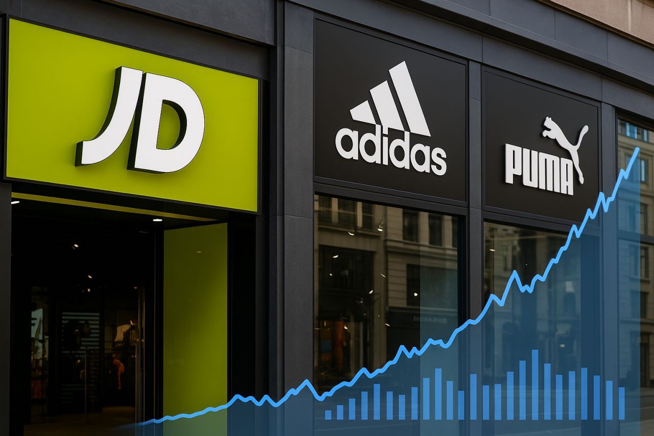 Vetrine con i loghi di JD, Adidas e Puma. In trasparenza davanti un grafico in crescita