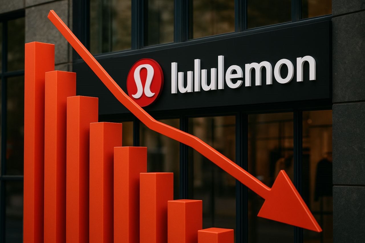 Un grafico a colonne con una freccia rossa che lo accompagna verso il basso. In alto il logo e la scritta Lululemon