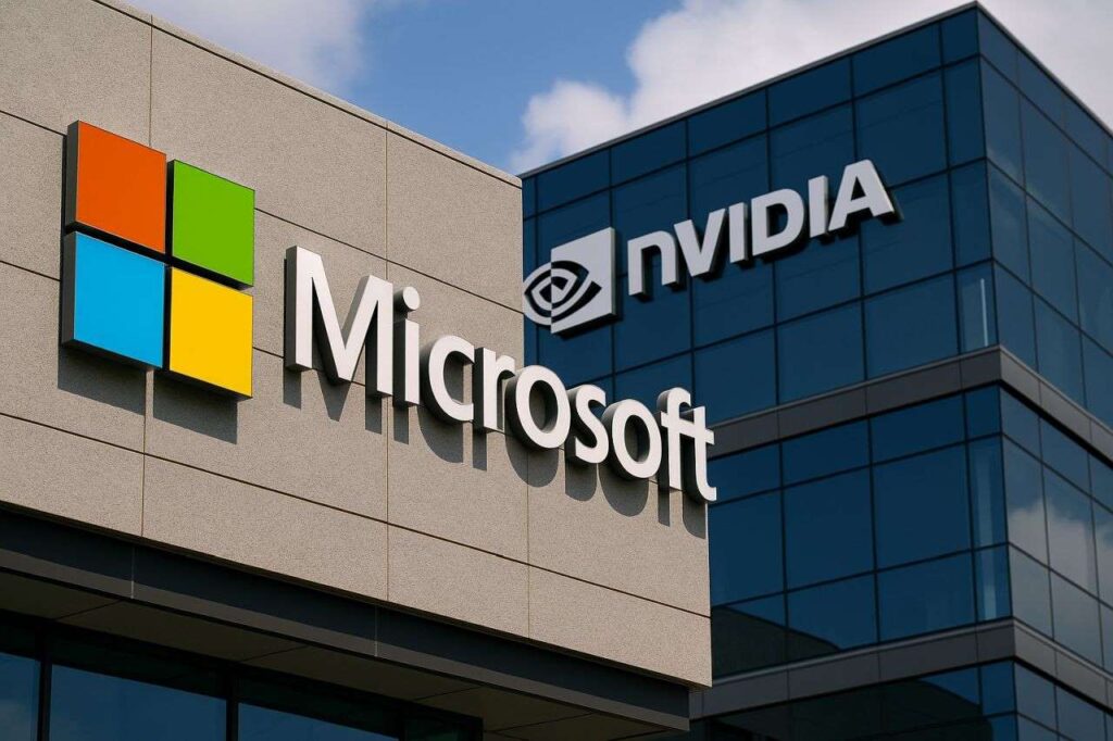 Un palazzo con l'insegna Microsoft a sinistra e uno con l'insegna Nvidia a destra