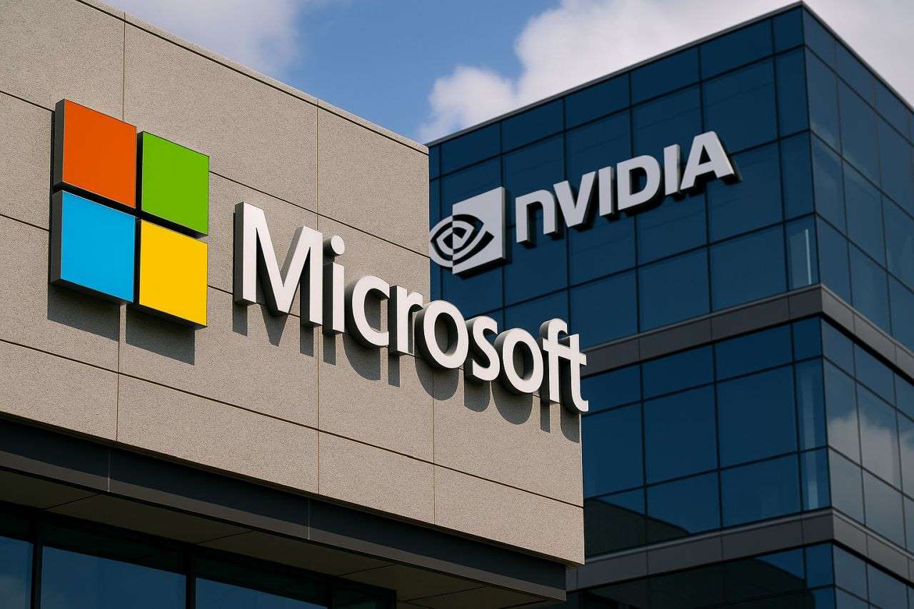 Un palazzo con l'insegna Microsoft a sinistra e uno con l'insegna Nvidia a destra