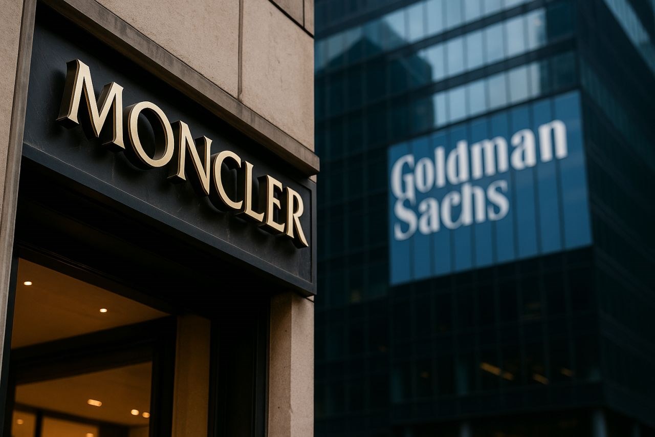 Un edificio a sinistra con la scritta Moncler, e uno a destra con la scritta Goldman Sachs