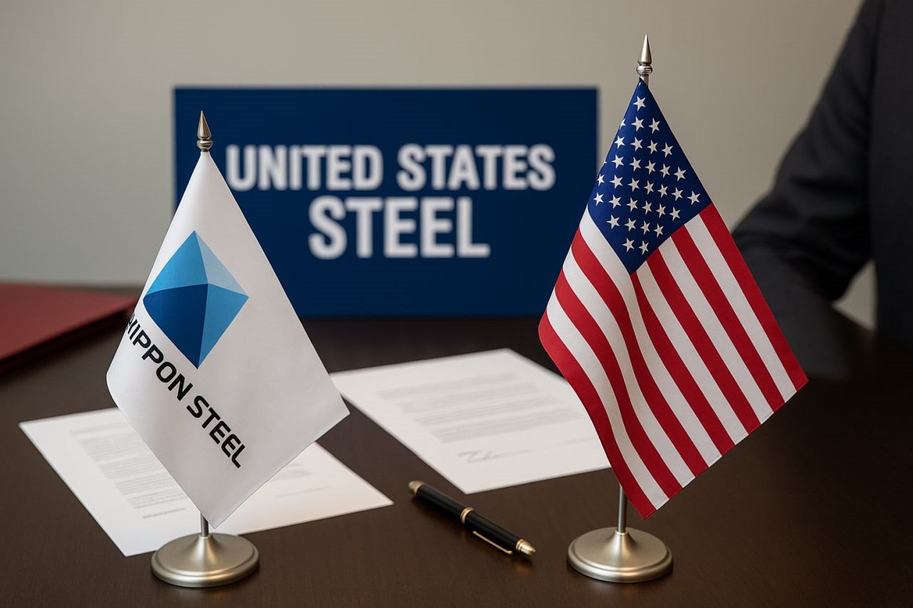 Un tavolo con la bandierina degli USA e una con il logo di Nippon Steel