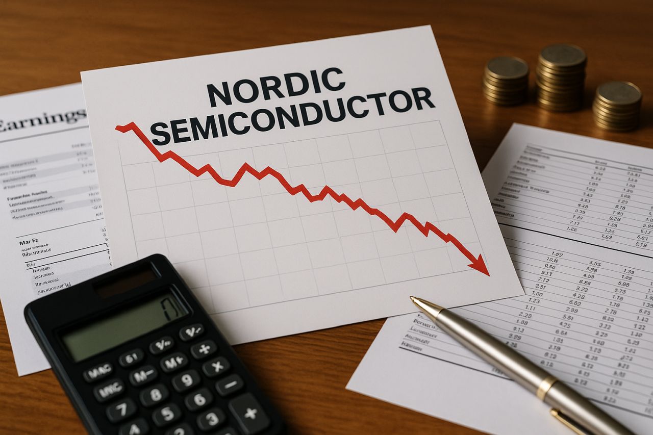 Alcune carte con grafici finanziari e la scritta Nordic Semiconductor su un tavolo con una penna e una calcolatrice