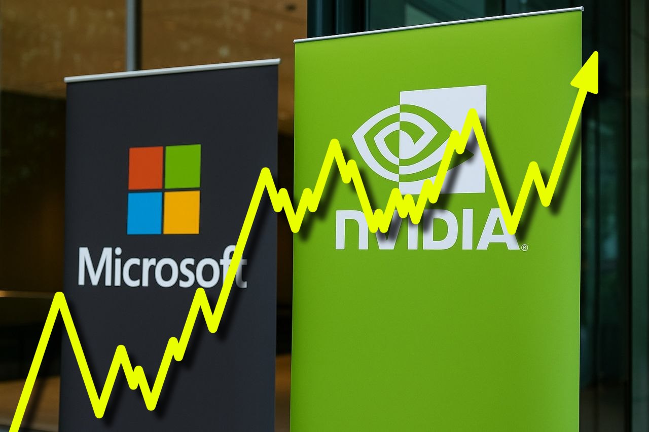 Il logo di Nvidia a destra e quello di Microsoft a sinistra. In sovrimpressione una linea a zig-zag che termina con una freccia verso l'alto
