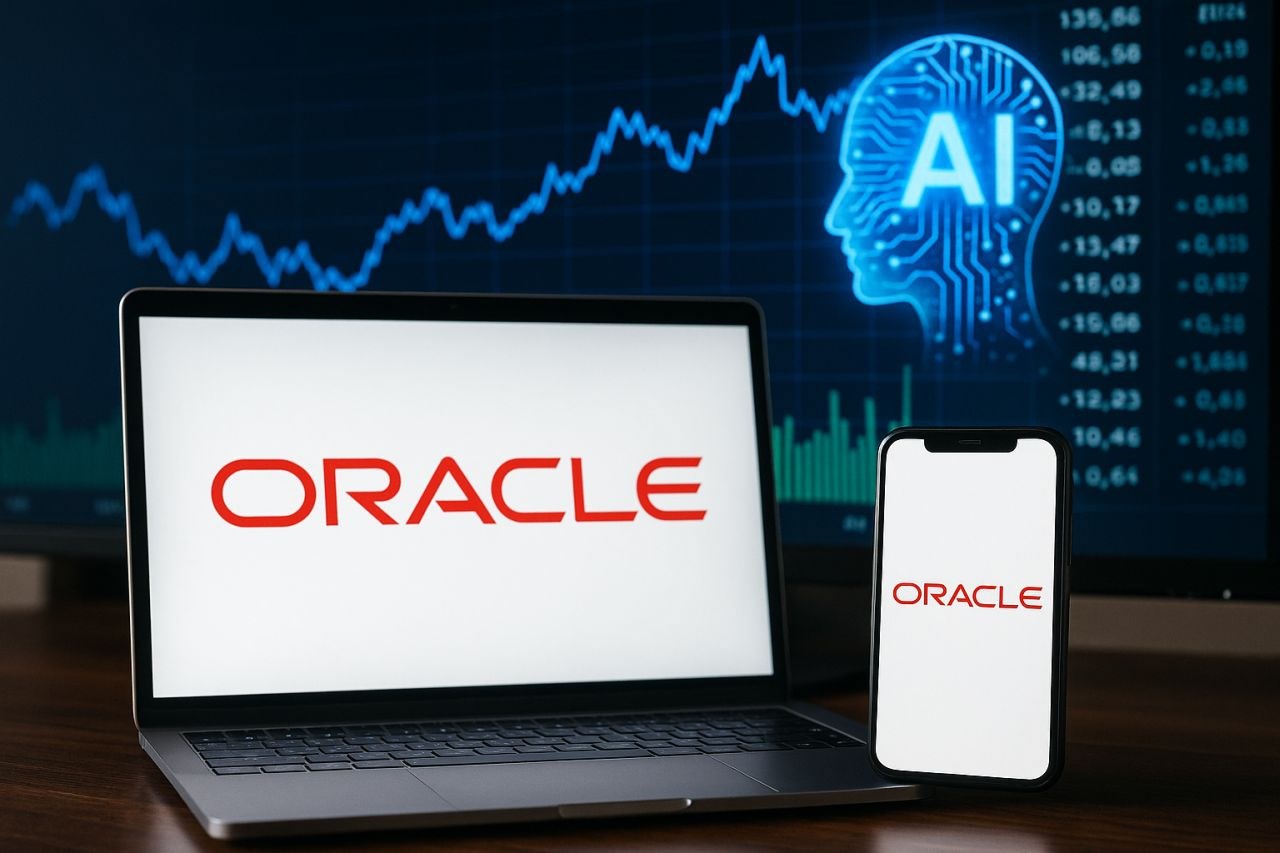Lo schermo di un pc e quello di uno smartphone con il logo Oracle. Sullo sfondo un grafico finanziario e una testa composta da circuiti luminosi con la scritta AI