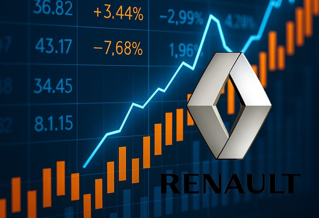 Il logo di Renault in basso a destra e sullo sfondo dei grafici finanziari