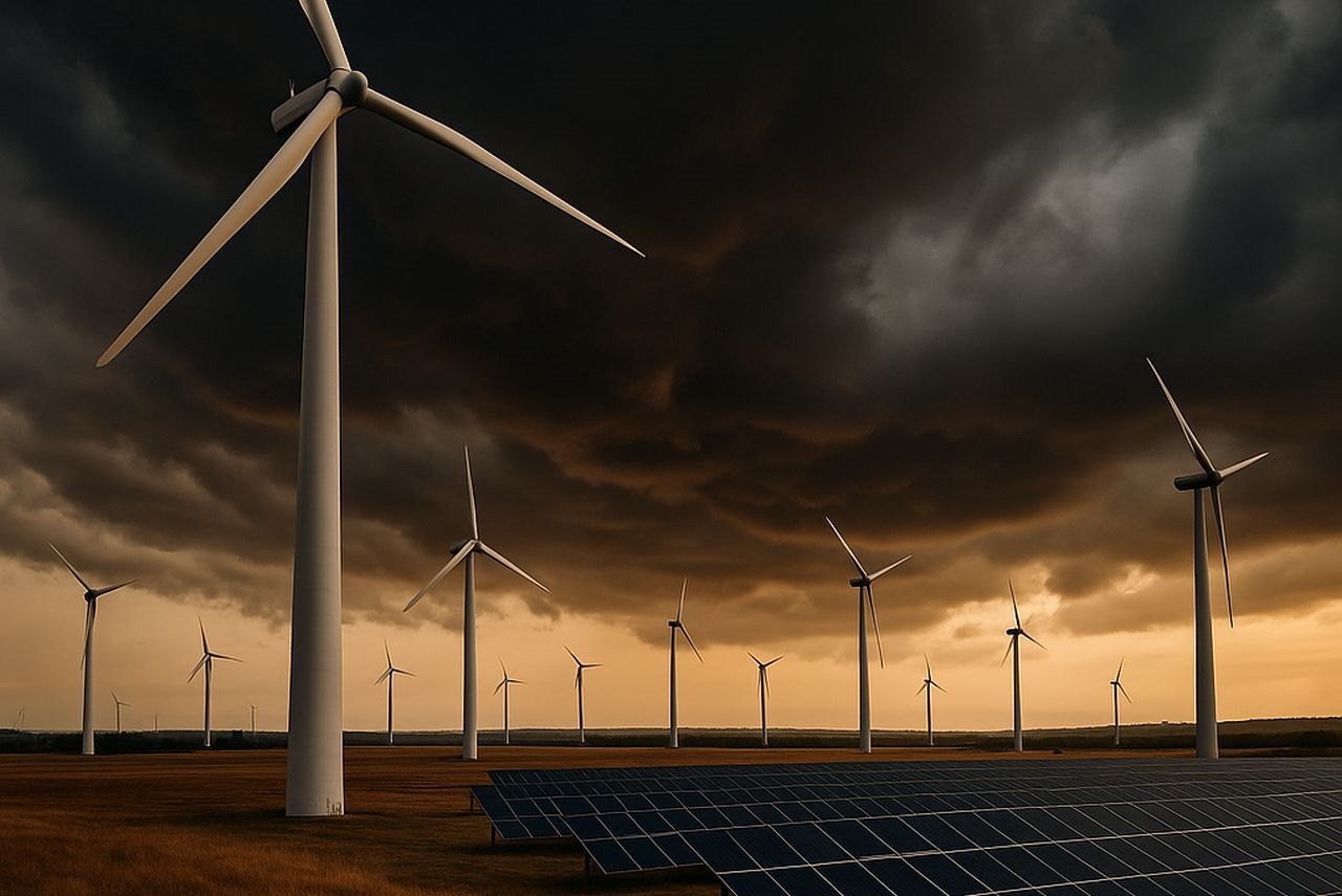 Un campo con pannelli fotovoltaici e pale eoliche con un cielo che minaccia tempesta