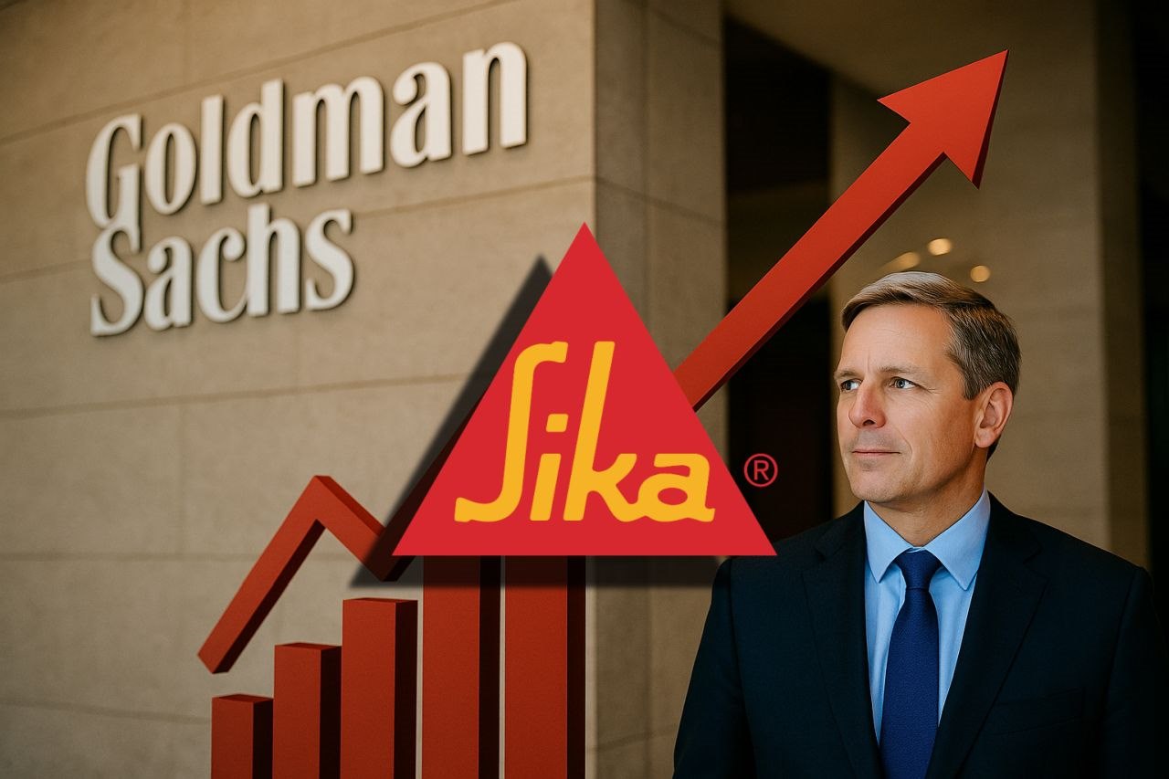 Primo piano di un trader con una parete alle spalle su cui è scolpita la scritta Goldman Sachs. In sovrimpressione il logo di Sika con un grafico a colonne e una freccia verso l'alto