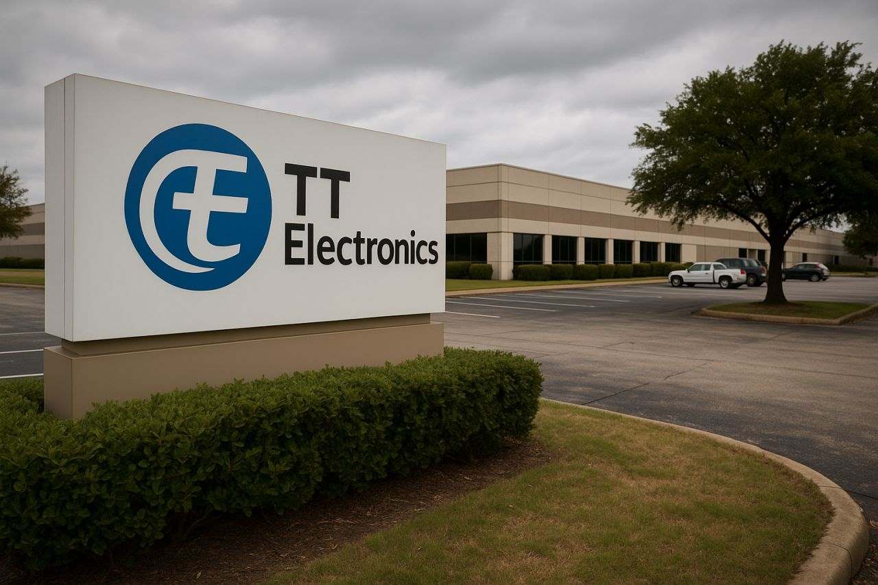 Un'insegna con logo e scritta TT Electronics- Uno stabilimento sullo sfondo