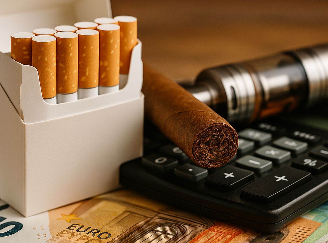 Un pacchetto di sigarette vicino a un sigaro poggiato su una calcolatrice e una sigaretta elettronica