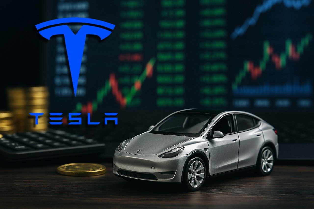 Alcuni grafici finanziari e il modellino di una Tesla poggiato su un piano. In sovrimpressione in alto a sinistra il logo Tesla