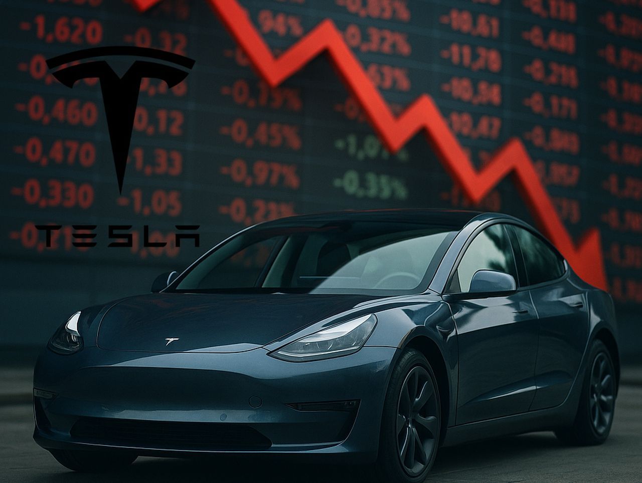 Un'auto Tesla con delle cifre su uno schermo sullo sfondo e il logo di Tesla in sovrimpressione