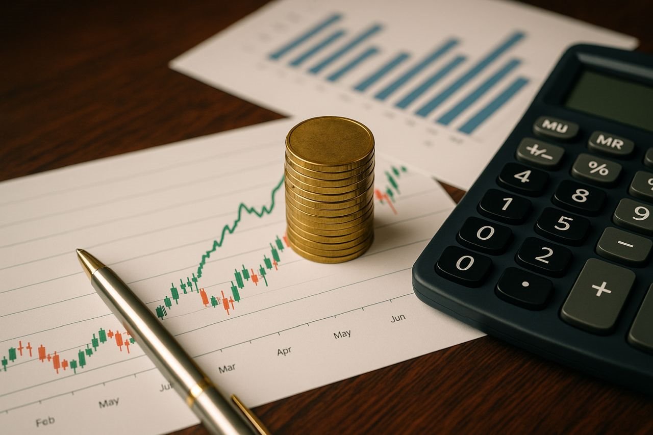 Alcuni fogli con dei grafici finanziari, alcune monete impilate su di essi insieme a una calcolatrice