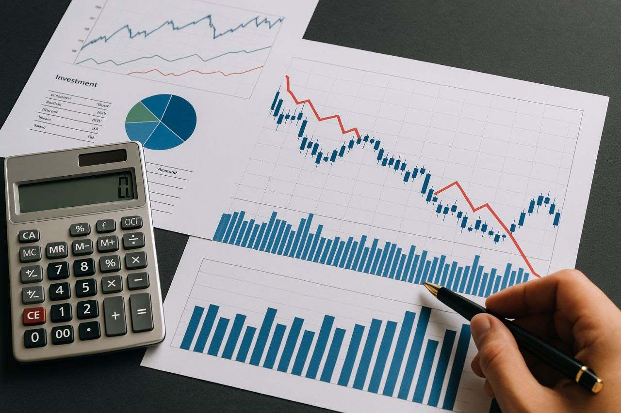 Alcuni documenti con dei grafici finanziari su un piano, insieme a una calcolatrice da banco e una mano che impugna una matita