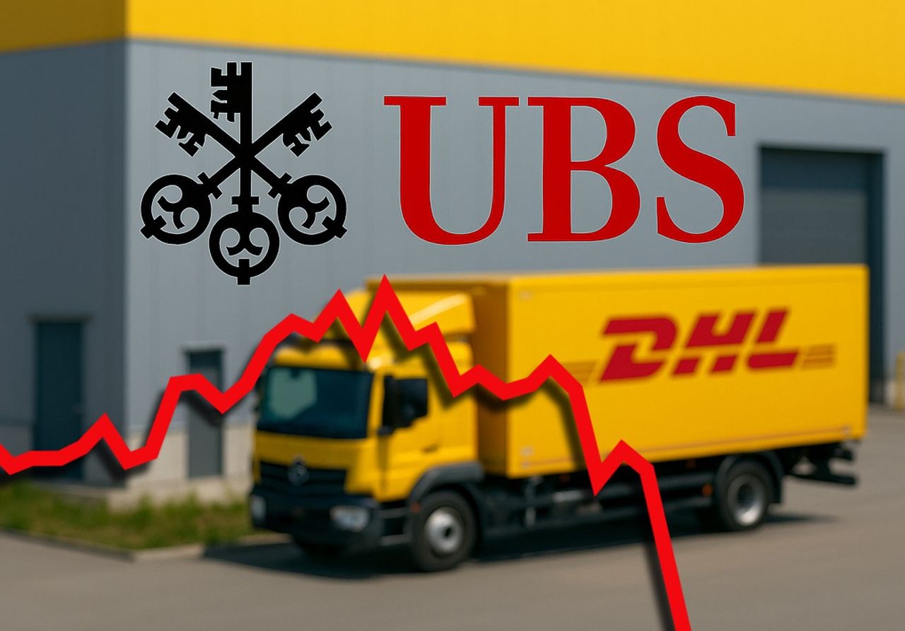 Un camion DHL. In sovrimpressione logo UBS e un grafico in rosso