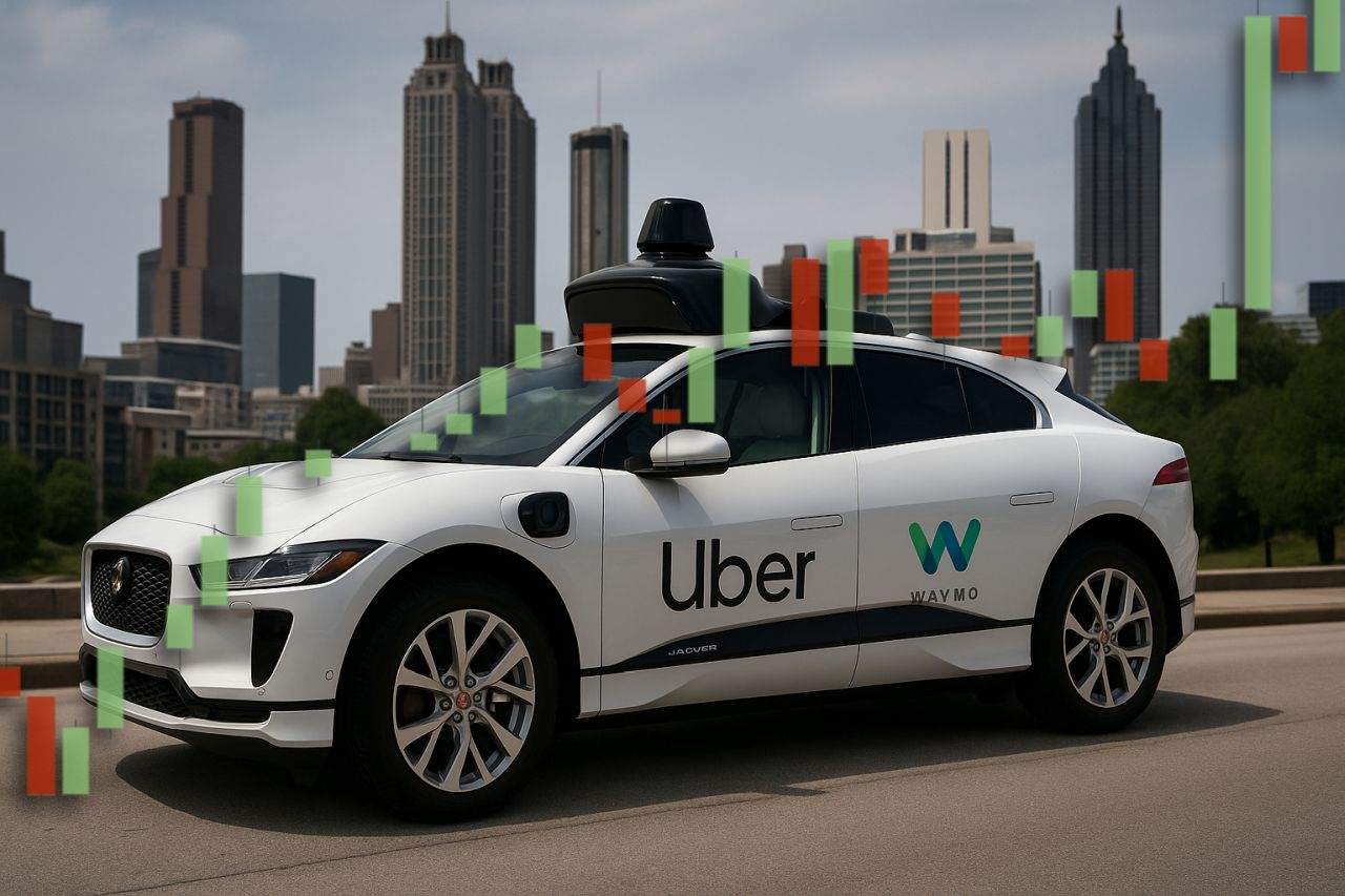 Un'auto con marchio uber con una metropoli sullo sfondo e un grafico a candele in sovrimpressione