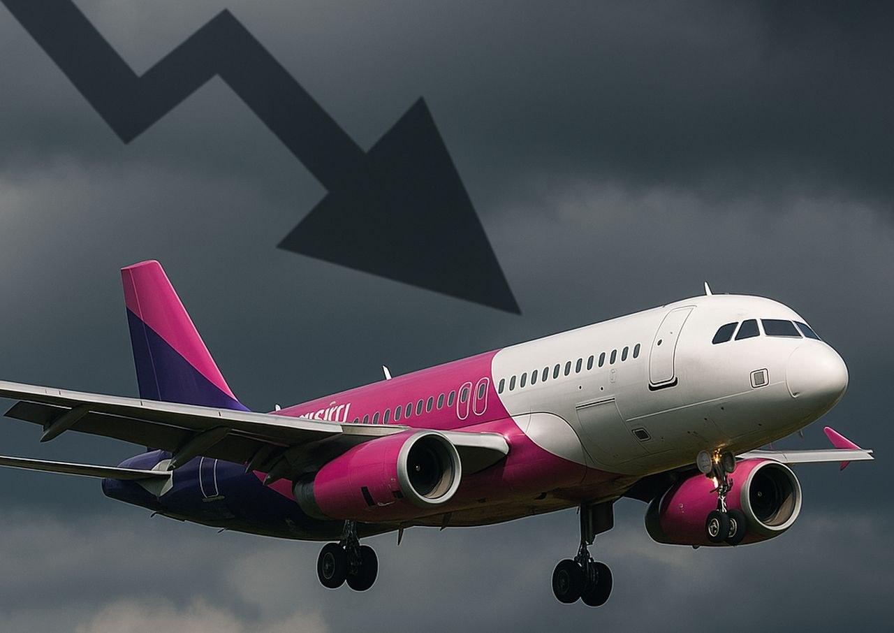 Un aereo passeggeri della Wizz Air con un cielo grigio sullo sfondo e una freccia verso il basso che parte dall'angolo in alto a sinistra