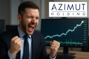 trader che esulta e grafico di borsa al rialzo