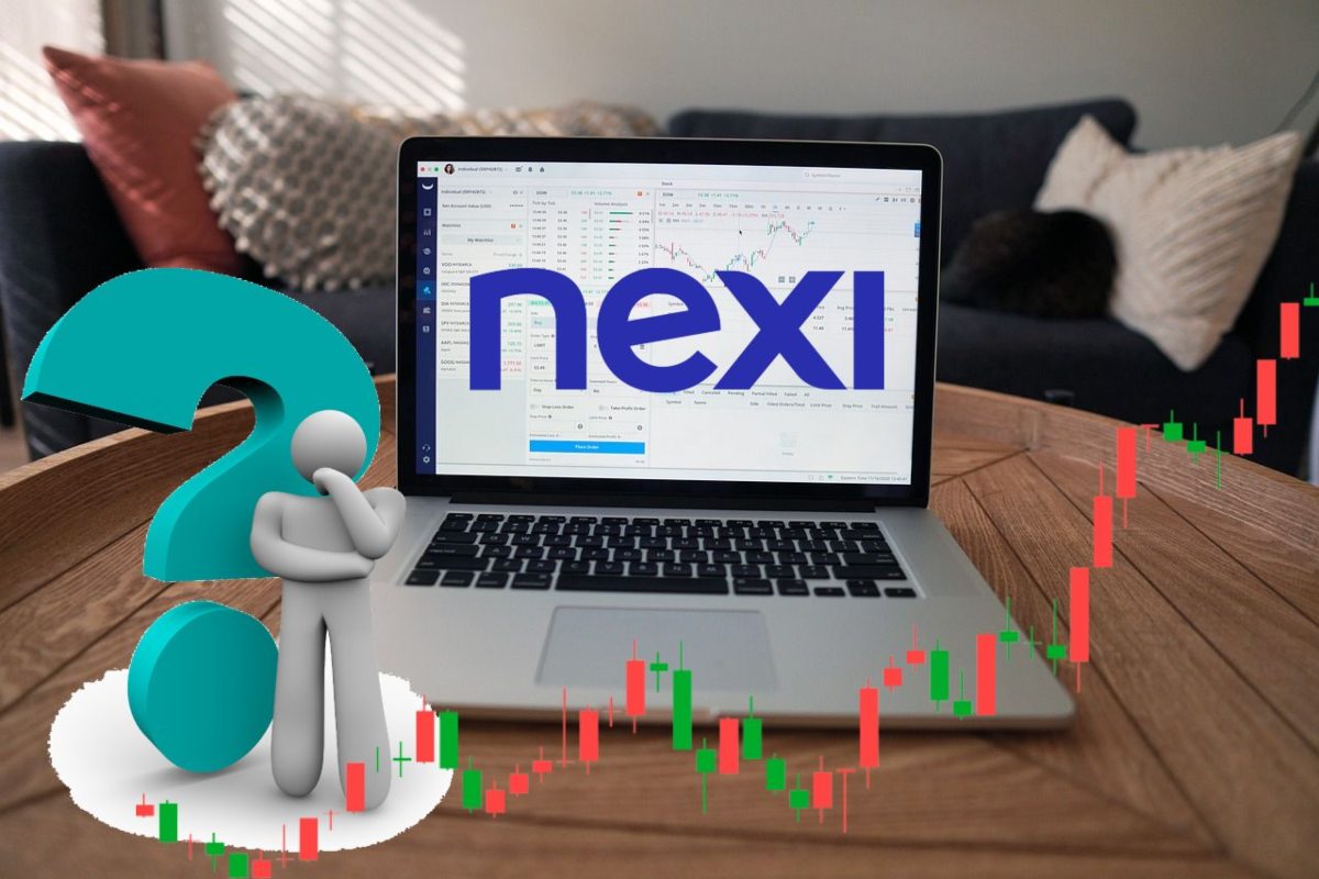 logo di Nexi su laptop e grafico a candele