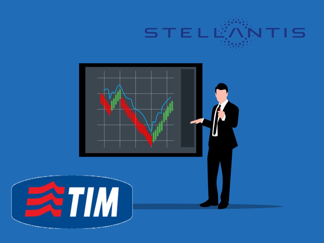 trader che analizza grafico e loghi di TIM e Stellantis