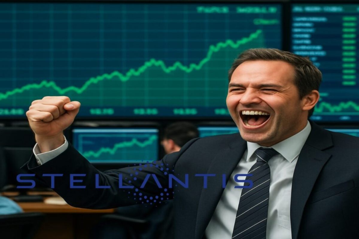 trader euforico e logo di stellantis