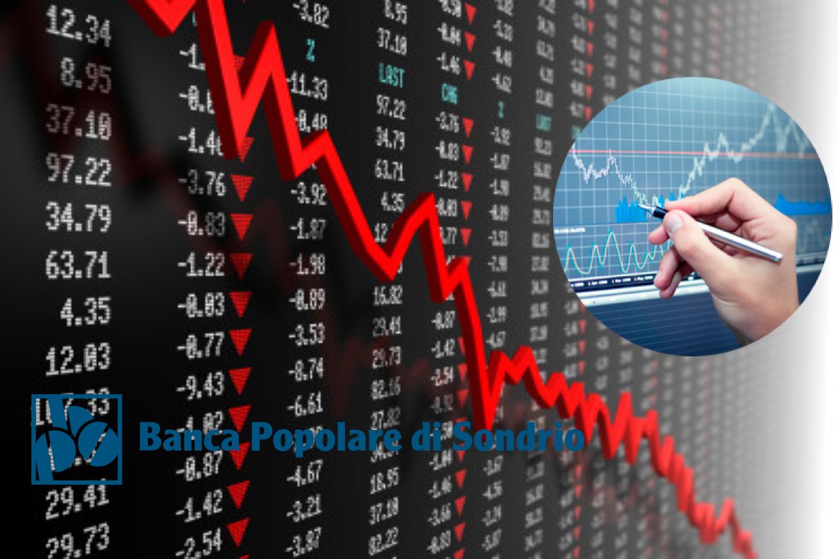 grafico di borsa in ribasso e logo Popolare di Sondrio