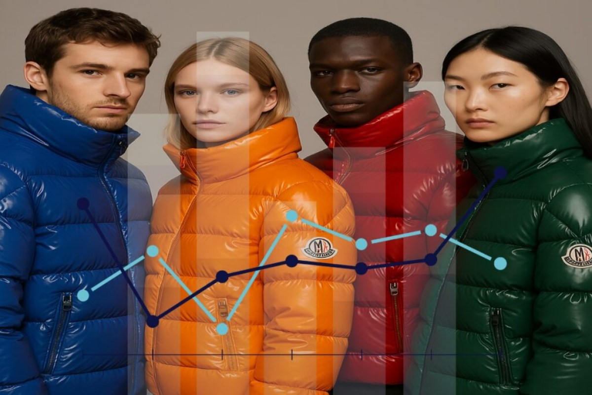 giovani con piumini Moncler e grafico di borsa