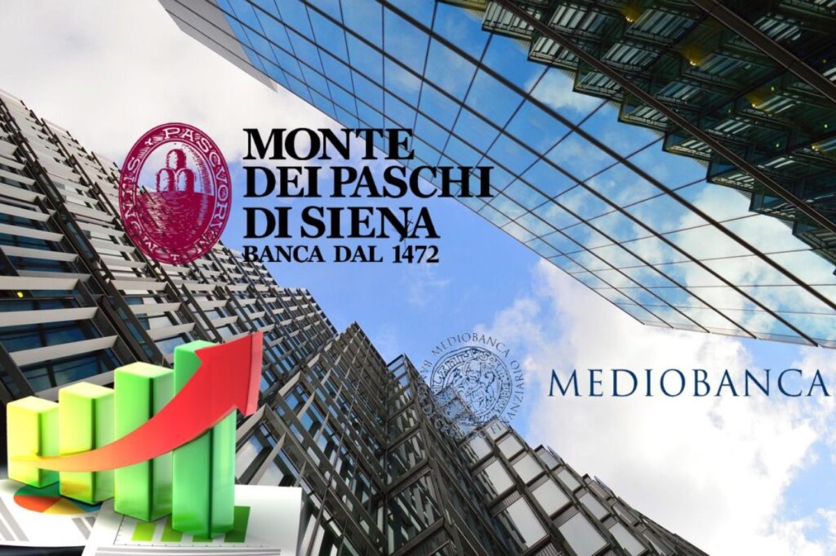 loghi di MPS e Mediobanca in mezzo a palazzi finanziari