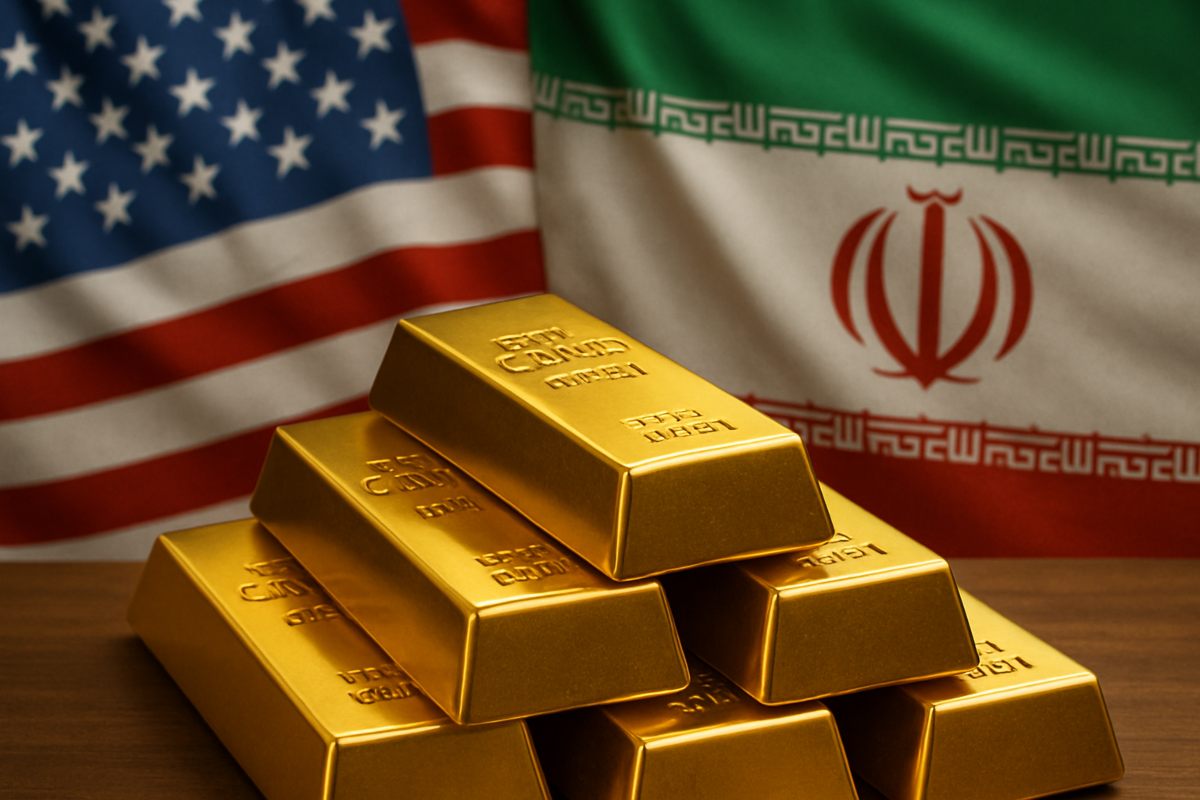lingotti di oro e bandiere Usa e Iran