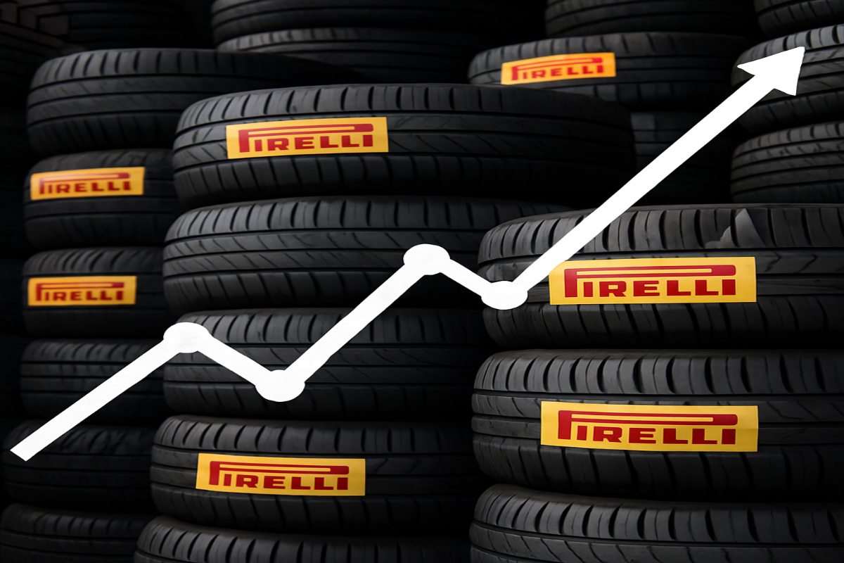 pneumatici con il logo di Pirelli e grafico di borsa