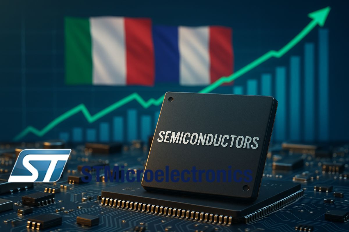 bandiera di Italia e Francia e logo STM in primo piano