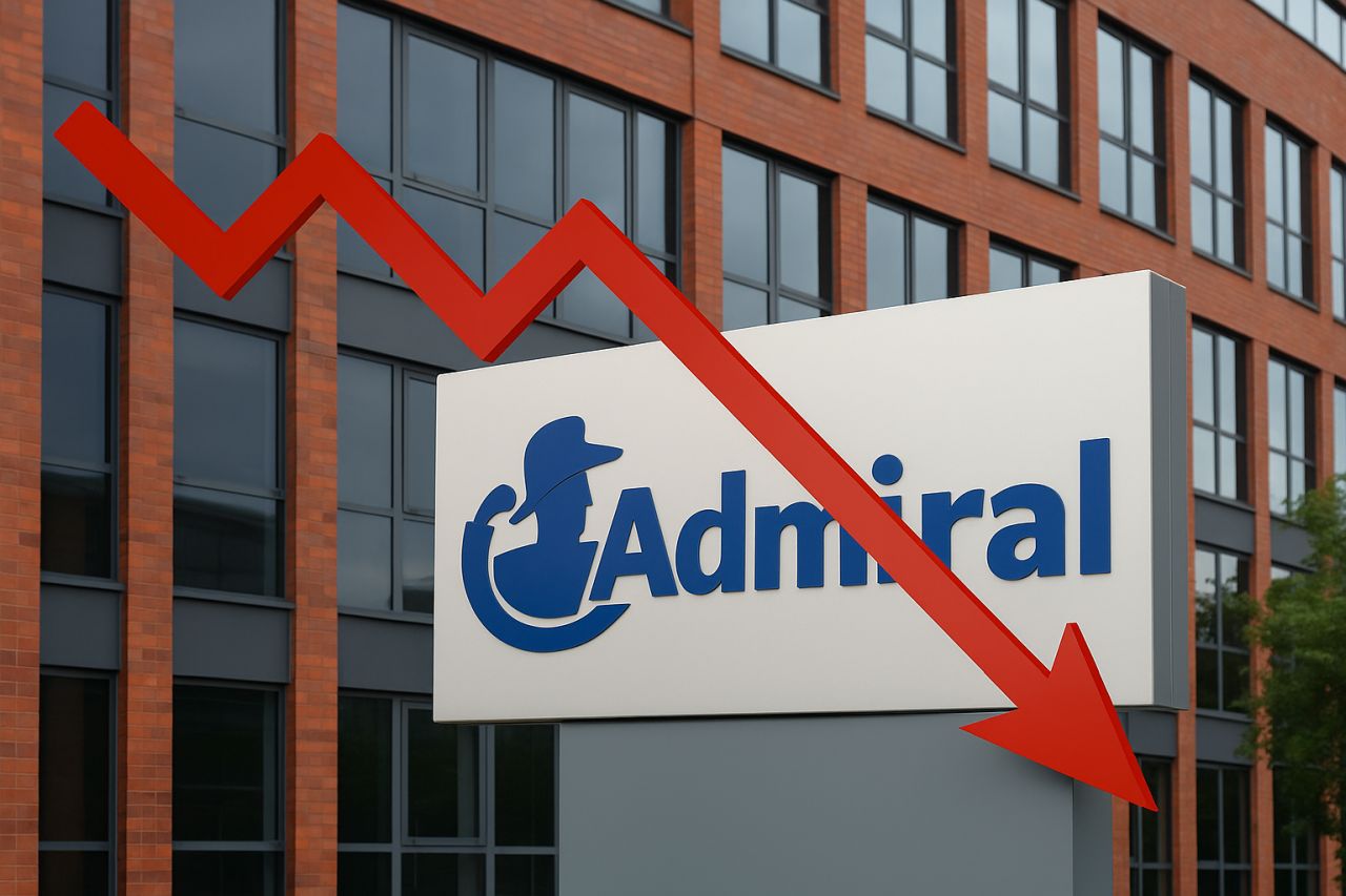 Insegna Admiral davanti a un edificio con una freccia rossa verso il basso
