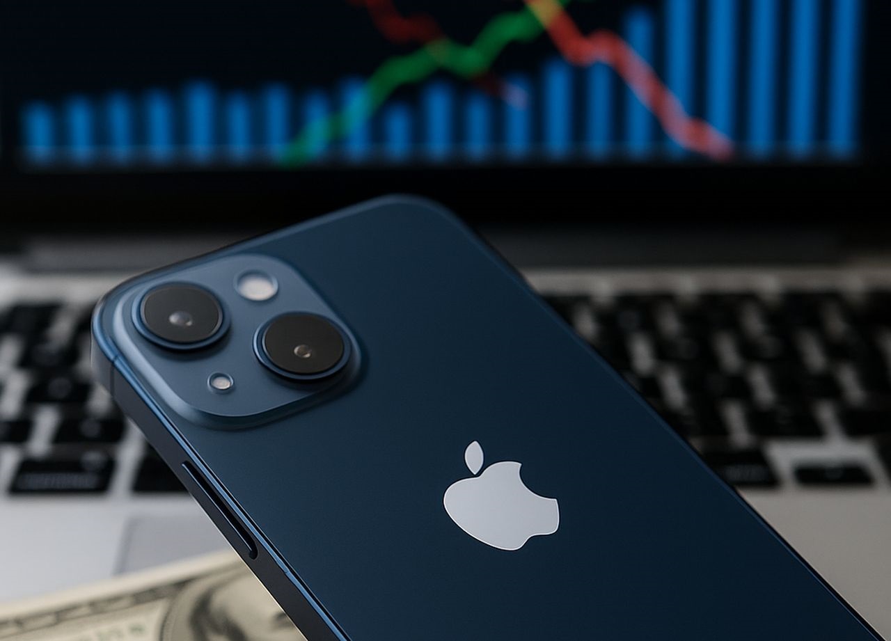 Il dorso di un iPhone con il logo di Apple. Sullo sfondo la tastiera di un pc e dei grafici finanziari sullo schermo