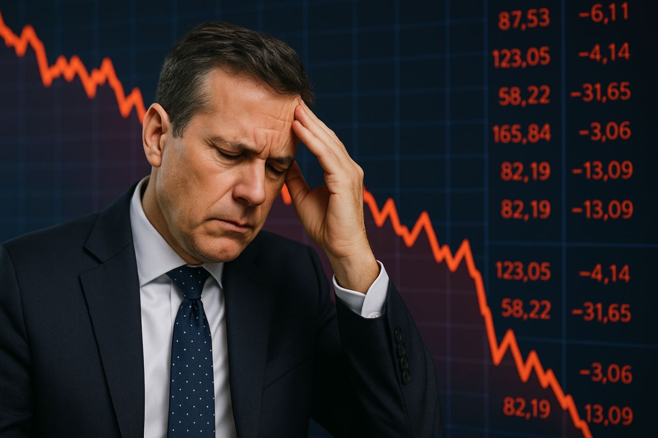 primo piano di un trader preoccupato con un grafico finanziario alle spalle