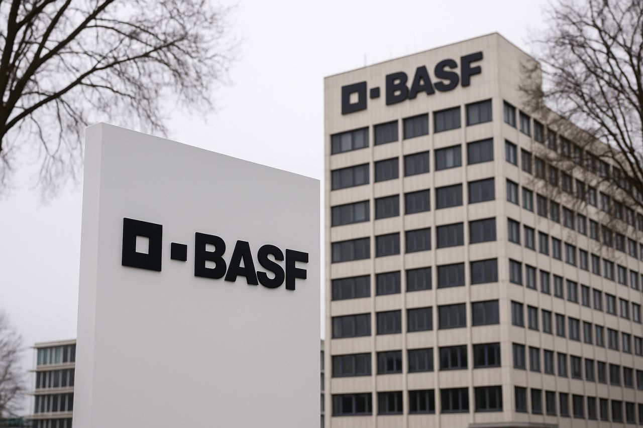 un palazzo con la scritta BASF in cima e logo e scritta BASF su un'insegna in basso a sinistra