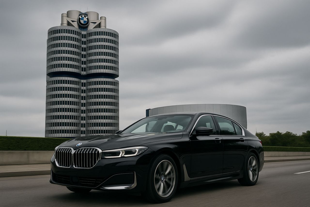 Un palazzon con insegna BMW in cima e una auto BMW parcheggiata davanti