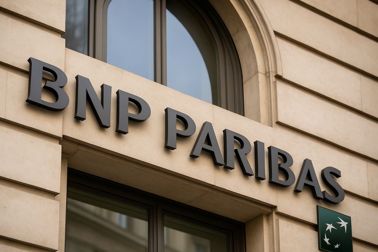 L'insegna BNP Paribas sull'entrata di un edificio