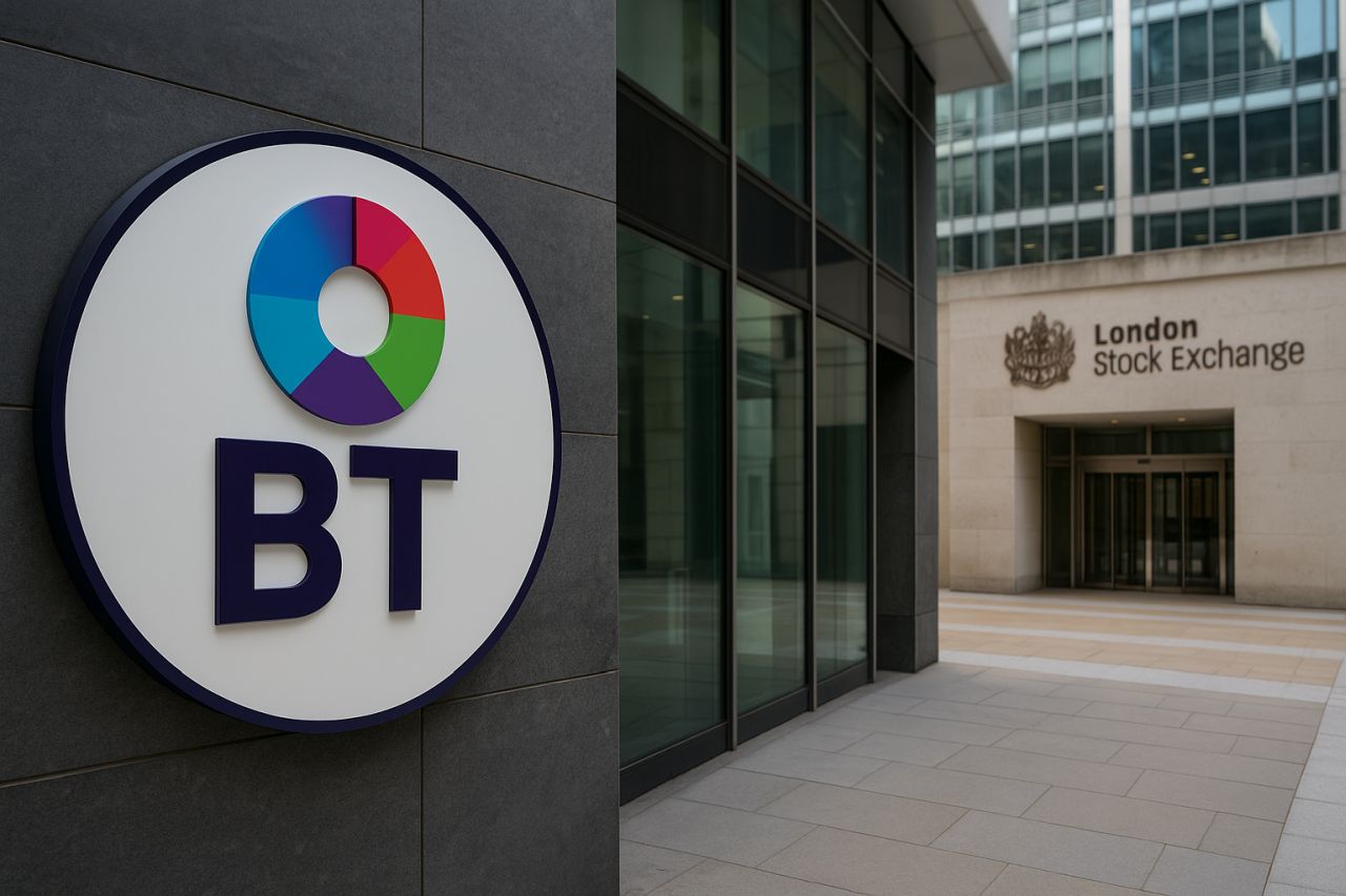 Logo BT in grande a sinistra e l'ingresso di alcuni edifici moderni sulla destra