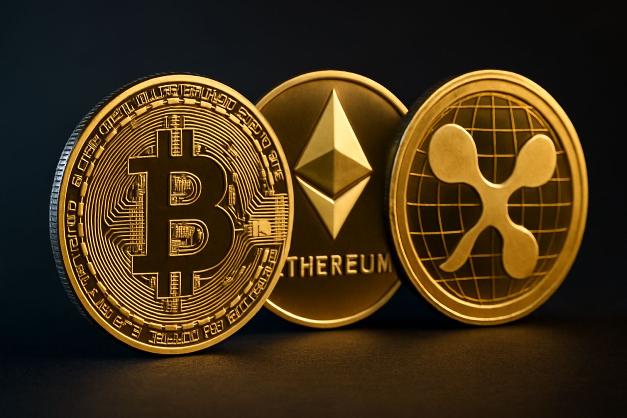 Una moneta di BTC, una di ETH e una di XRP su sfondo scuro